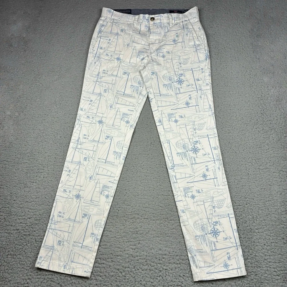 Vineyard Vines Breaker Pants Men's 32x32 White Nautical Print Straight Leg NWT